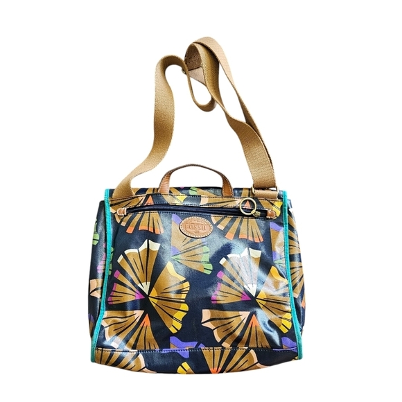 Fossil Canvas Coated Tropical Flower Dark Blue Cross Body Shoulder Bag Purse - Picture 3 of 7